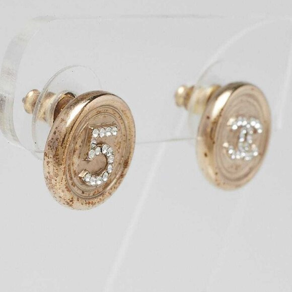 Chanel Goldtone Metal and Crystal CC No. 5 Round Earrings - Picture 3 of 4